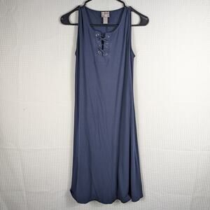 Chico’s 0 Small Blue Lace Up Sleeveless A Line Knit Midi Dress Rayon Stretch